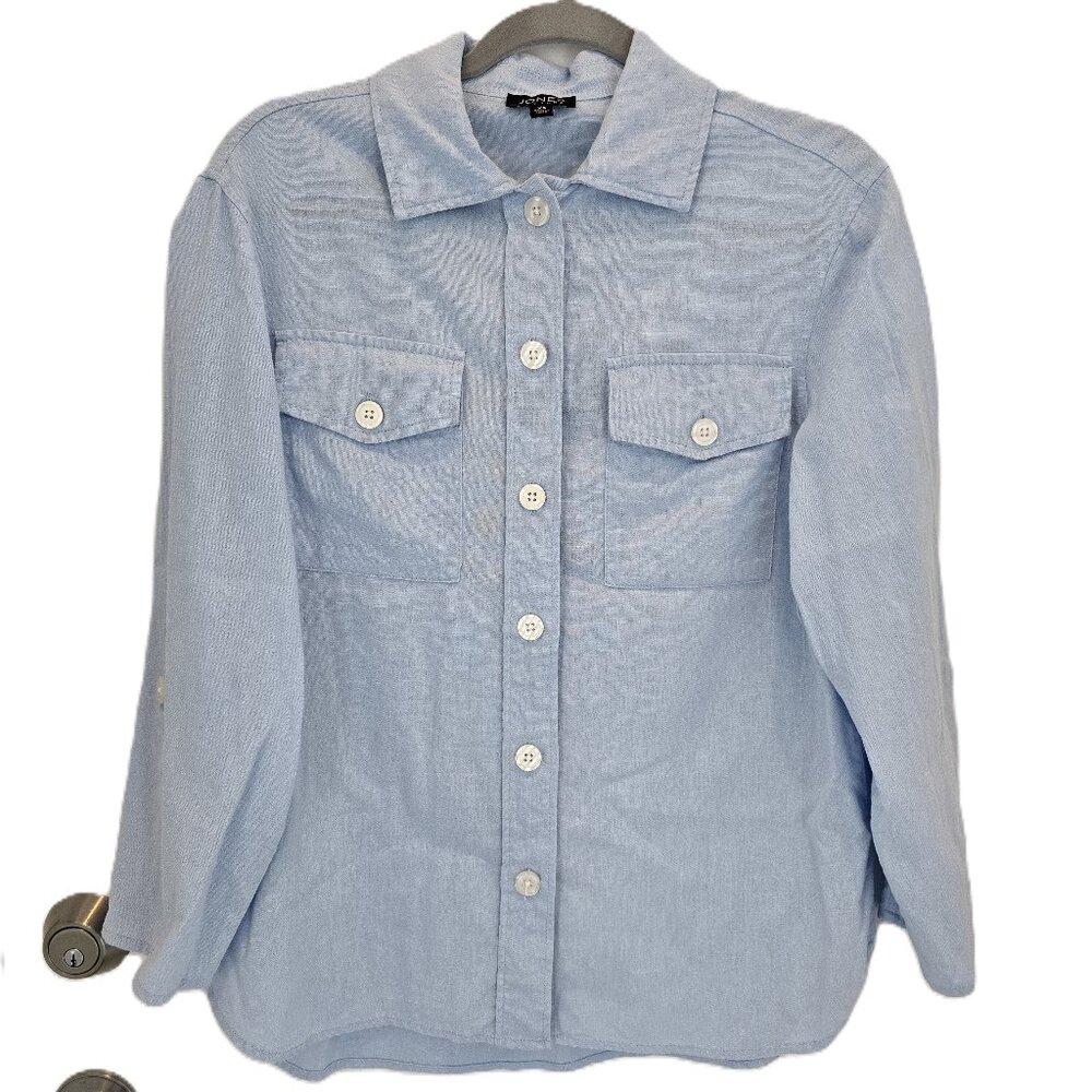 Jones NY Women's Light Blue Button-Up Shirt XS  3/4 Sleeve Cotton Blend Casual
